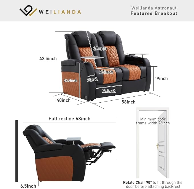Weilianda Home Theater Seating Top Grain Leather Zero Gravity Recliner Chair Power Headrest Recline Movie Seat Gaming 7 Colors Mood Light Sofa with Tray Table Row of 2 Loveseat Black Camel