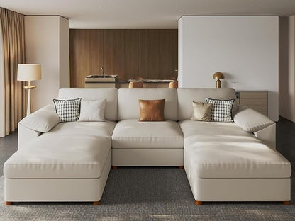 EASE MOOSE Oversized Faux Leather Modular Sofa with Deep Seat,Extra Large Sectional U Shaped Couch for Living Room,Comfy Scratch Resistant Couch,Modern Sofas with Ottoman,Beige