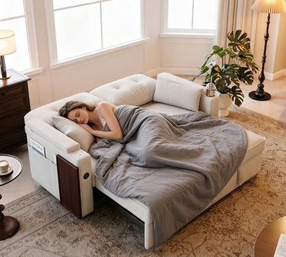 73" Queen Size Sofa Bed, Loveseat Sleeper Sofa with Pull Out Bed, 360° Swivel Table and USB, Modern 2 Seater Convertible Corduroy Couch for Living Room Bedroom Apartment, Beige