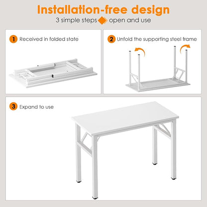Need 39.4 Inch Folding Desk for Small Spaces, Home Office Computer Desk with White Wood Top & Metal Frame, Foldable Writing Table for Study, Bedroom, Dorm Room & Student