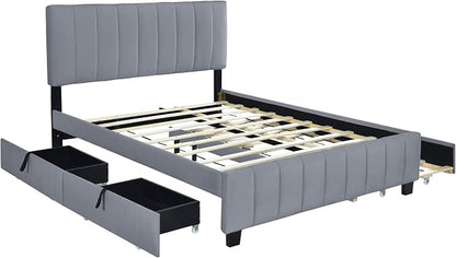 Merax Queen Size Upholstered Platform Bed with 2 Drawers and 1 Twin XL Trundle, Grey Wooden Bed Frame, No Box Spring Need