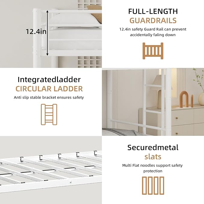 Livavege Detachable Bunk Bed Twin Over Twin with Trundle, Heavy Duty Bunk Beds for 3 Kids/Teens/Adults with Safety Guardrails & Ladder, Space Saving 3 Metal Bed Frame for Bedroom, Dorm, White