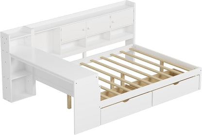 Bellemave Full Corner Bed Frame, Full Size Corner Beds with Storage Cabinets and Desk, Wood Daybed with Bookcase and Drawers, White