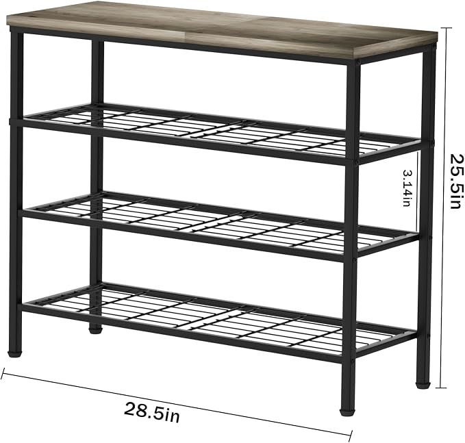 4-Tier Metal Shoe Rack with Wood Top - Durable & Space-Saving Shoe Organizer,Industrial Shoe Organizer Shelf Bench Storagefor Closet Entryway, Bedroom & Hallway - Gray + Black 28.5 W × 25.5" H