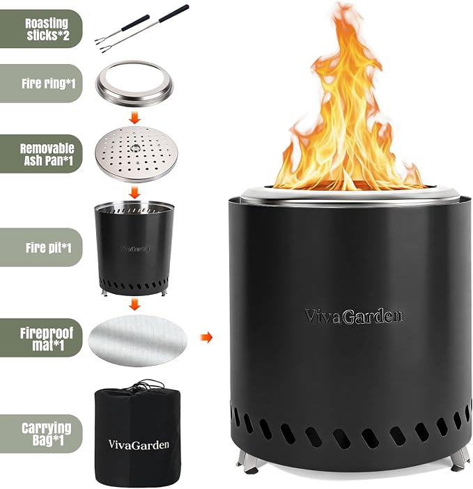 9.5 X 8.6 Inch Tabletop Fire Pit, VivaGarden Portable Firepit, Smokeless Table Top Firepit, Safe Burning Camping Stove, Fueled by Pellets or Wood, Forks, Mat & Travel Bag Included, Black