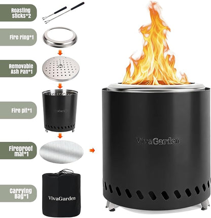 9.5 X 8.6 Inch Tabletop Fire Pit, VivaGarden Portable Firepit, Smokeless Table Top Firepit, Safe Burning Camping Stove, Fueled by Pellets or Wood, Forks, Mat & Travel Bag Included, Black