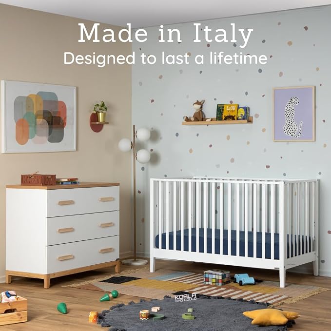 dadada Baby LaLa 3-in-1 Convertible Crib- Converts to Toddler Bed & Daybed- Adjustable Mattress Height – 3 Positions - Made in Italy - Solid Beechwood (White)