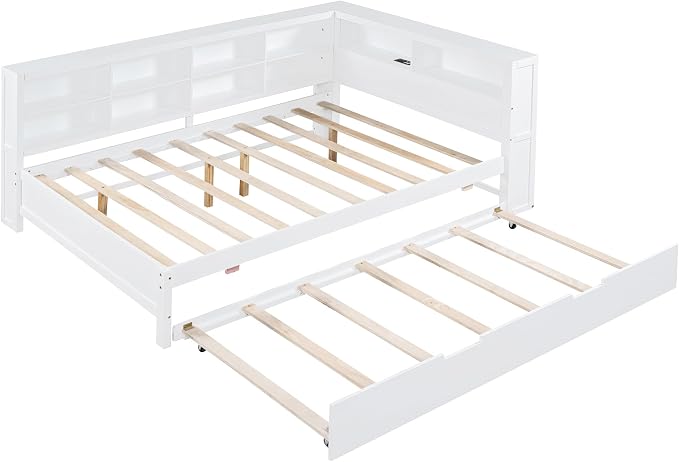 Bellemave Full Corner Bed Frame with Trundle, Wood Full Size Daybed with L-Shaped Bookcase，Daybed with Storage Cabinets, White