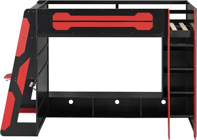 Merax Twin Size Loft Bed with Desk, Multi-Storage Shelves and RGB Light | Space-Saving Wooden Gaming Bed Frame with Charging Station and Guardrail