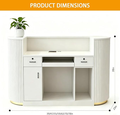 Modern Reception Desk Check Out Counter Front Desk for Spa Salon Office | Power Outlet Lockable Cabinet Keyboard Tray Privacy Panel Cable Grommet Open Storage Storage Cabinet