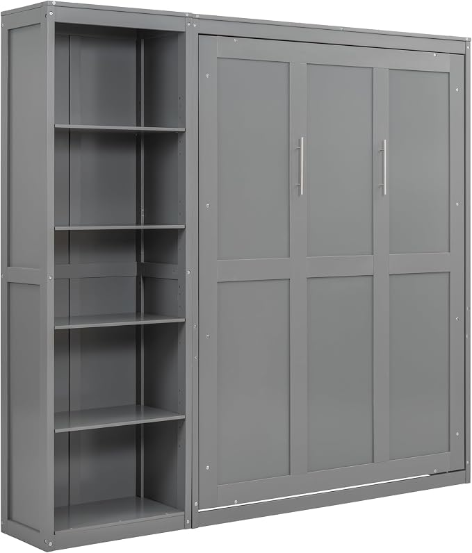 Merax Space-Saving Gray Murphy Bed Full Size with Adjustable Storage Shelves, Multifunctional Foldable Wall Bed for Small Spaces Studio Study Office Guest Room