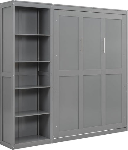 Merax Space-Saving Gray Murphy Bed Full Size with Adjustable Storage Shelves, Multifunctional Foldable Wall Bed for Small Spaces Studio Study Office Guest Room