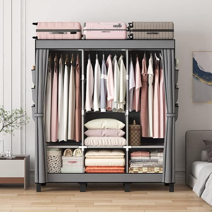 Portable Closet, 51.18" Large Capacity Clothing Storage Organizer with 3 Hanging Rods 6 Shelves 18 Side Pockets, Dustproof Sturdy Wardrobe for Bedroom Dorm Rental Apartment (Grey, Large)