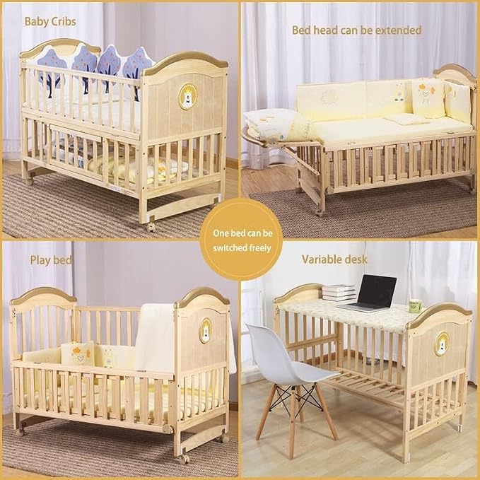 Portable Mini Baby Crib 4 in 1 Convertible with Memory Foam Mattress(38" by24) Included,cunas para Bebes 2026 Small Crib with Foldable Storage Baby Playpen Bedside Sleeper Beds(Natural Wood)