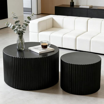 Black Nesting Coffee Table Set of 2 Modern Round Fluted Coffee Table Small Round End Table Side Table Circular Coffee Tables Circle Nested Coffee Tables for Living Room (Black Large)