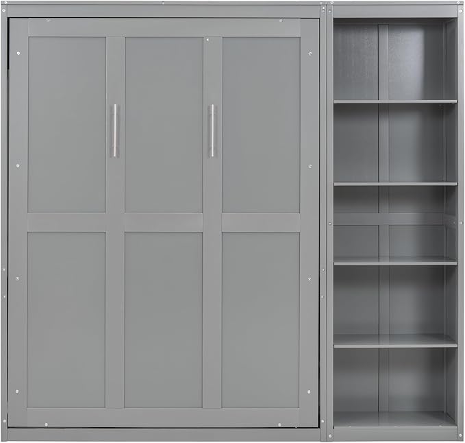 Merax Space-Saving Gray Murphy Bed Full Size with Adjustable Storage Shelves, Multifunctional Foldable Wall Bed for Small Spaces Studio Study Office Guest Room
