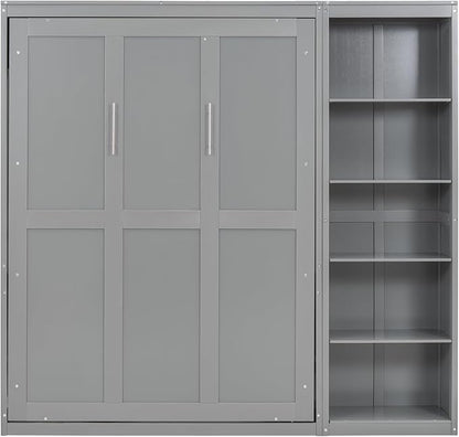 Merax Space-Saving Gray Murphy Bed Full Size with Adjustable Storage Shelves, Multifunctional Foldable Wall Bed for Small Spaces Studio Study Office Guest Room