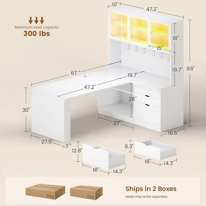 SEDETA L Shaped Computer Desk, L Shaped Corner Gaming Desk with 3 Wood Drawer and Large Bookshelf, Home Office Desk with LED Light, Display Cabinet and Pegboard, 27.5" W Large Desktop Table, White