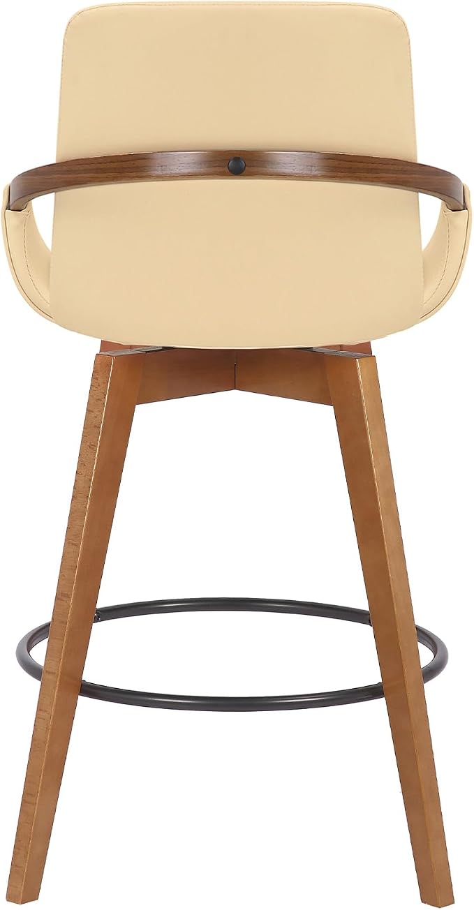 Armen Living Baylor Mid Century Modern Swivel Bar Stool for Kitchen Island Counter in Cream Faux Leather and Walnut Wood, 26" Seat Height