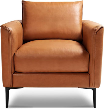 Valencia Jasper Cognac Tan Brown 34" Full Nappa Leather Accent Chair | Mid Century Single Leather Chair for Living Room Furniture | Plush Removable Cushions, Lounge Couch