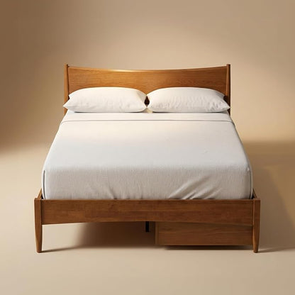 mopio Retrovie Mid-Century Modern Queen Bed Frame – Solid Wood Legs, LVL Slat System, No Box Spring Needed, Supports 661 lbs, Easy Assembly (Walnut, 2 Drawers)