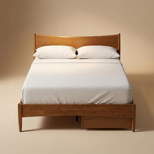 mopio Retrovie Mid-Century Modern Queen Bed Frame – Solid Wood Legs, LVL Slat System, No Box Spring Needed, Supports 661 lbs, Easy Assembly (Walnut, 2 Drawers)
