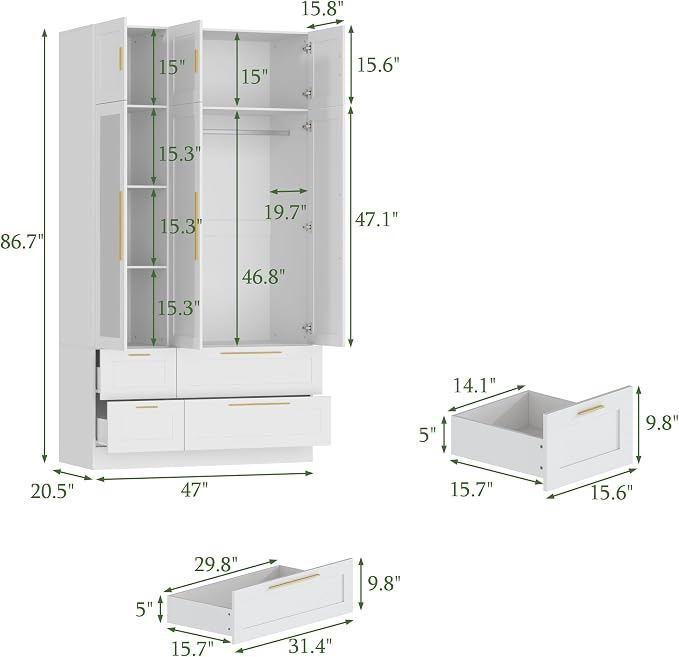 47" Almirah for Clothes, Tall Storage Wardrobe Closet Cabinet, Wardrobe with Drawers, Clothes Closet with Metal Hanging Rod, Handles, Mirror and Doors for Bedroom, White + Gold