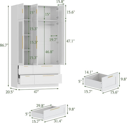 47" Almirah for Clothes, Tall Storage Wardrobe Closet Cabinet, Wardrobe with Drawers, Clothes Closet with Metal Hanging Rod, Handles, Mirror and Doors for Bedroom, White + Gold