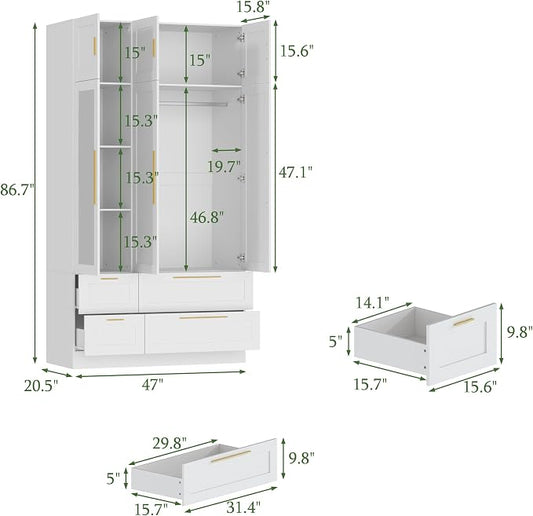 47" Almirah for Clothes, Tall Storage Wardrobe Closet Cabinet, Wardrobe with Drawers, Clothes Closet with Metal Hanging Rod, Handles, Mirror and Doors for Bedroom, White + Gold