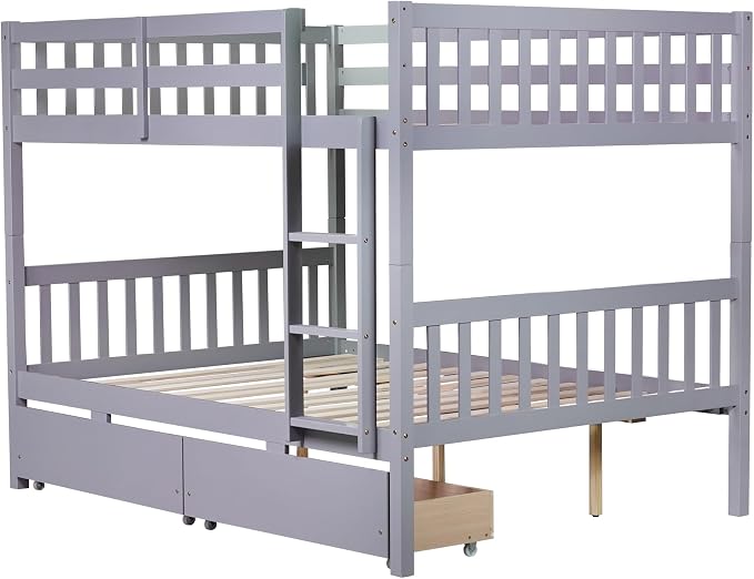 Ball & Cast Full Over Full Wood Bunk Bed for Kids,Convertible Storage Bunk Bed with Two Storage Drawers and Ladder,Can Be Divided Into Two Full Size Daybeds,No Box Spring Required,Grey