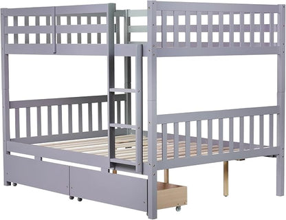 Ball & Cast Full Over Full Wood Bunk Bed for Kids,Convertible Storage Bunk Bed with Two Storage Drawers and Ladder,Can Be Divided Into Two Full Size Daybeds,No Box Spring Required,Grey