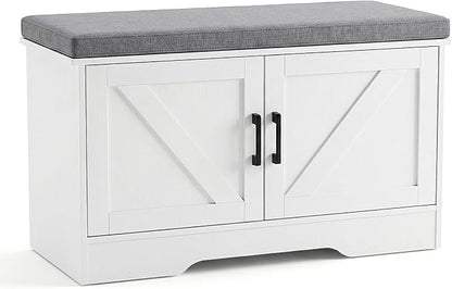 DUMOS 28" Shoe Storage Bench, Entryway Shoe Organizer Cabinet with Padded Seat Cushion, Adjustable Shelf and 2 Doors, Compact Storage Bench for Small Spaces, Hallway, Bedroom, Living Room, White