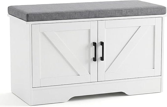 DUMOS 28" Shoe Storage Bench, Entryway Shoe Organizer Cabinet with Padded Seat Cushion, Adjustable Shelf and 2 Doors, Compact Storage Bench for Small Spaces, Hallway, Bedroom, Living Room, White