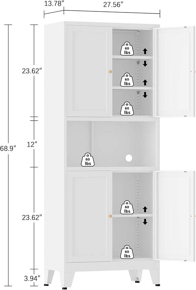 Metal Storage Cabinet, 69" Tall Bathroom Cabinets with 4 Doors & 3 Adjustable Shelves Large Cupboard, White Metal Pantry Cabinets for Kitchen, Home Office, Garage, Warehouse