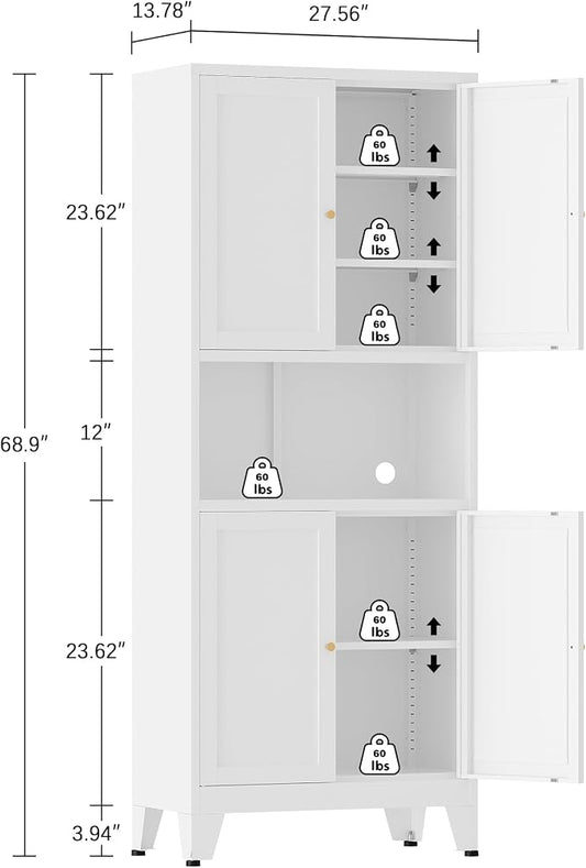 Metal Storage Cabinet, 69" Tall Bathroom Cabinets with 4 Doors & 3 Adjustable Shelves Large Cupboard, White Metal Pantry Cabinets for Kitchen, Home Office, Garage, Warehouse