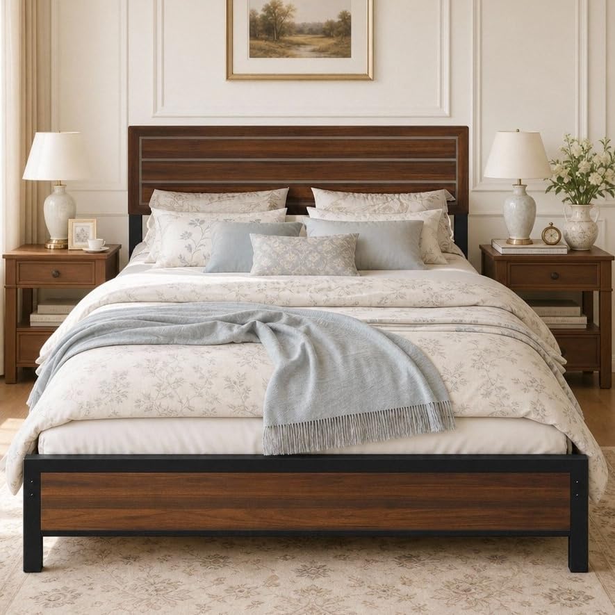 LIKIMIO Queen Bed Frame with Headboard, Unique Mid-Century Modern Design