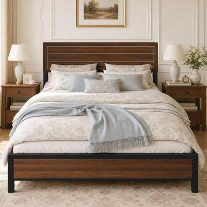 LIKIMIO Queen Bed Frame with Headboard, Unique Mid-Century Modern Design
