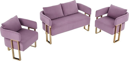 Loveseat Sofa and 2 Accent Chairs Comfy Sofa Modern Accent Chairs for Living Room with Golden Legs Teddy Upholstered Reading Armchairs no Wheels for Reception Room//Bedroom/Lounge/Office,Purple