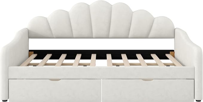 Ball & Cast Full Size Daybed with Two Storage Drawers,Velvet Upholstered Day Bed Frame Full with Shall Shaped Backrest and Wood Slat Support,No Box Spring Needed,Beige