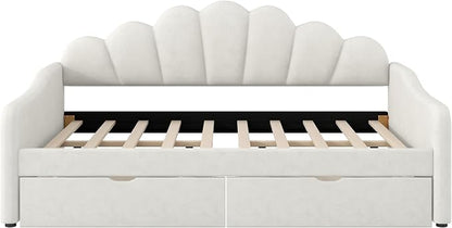 Merax Full Size Modern Upholstered Sofa Day Bed with Shall Shaped Backrest & Storage Drawers, Mutifunction Platform Bed with Wood Slat Support,Velvet Storage Bed Frame with Headboard/Twin, White