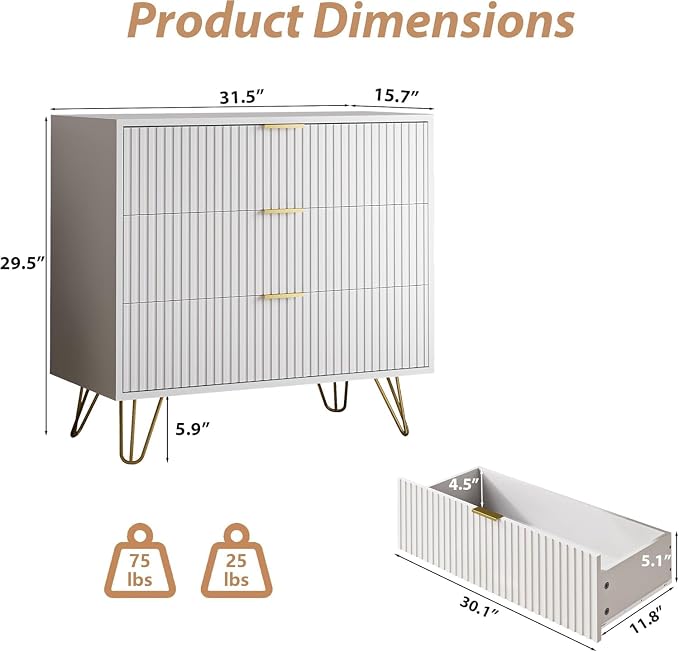 MAISONARIA 3-Piece Dresser Bedroom Set, 9 Drawer Dresser & 3 Drawer Dresser with Gold Handles, Fluted Wood Chest of Drawers for Bedroom, Living Room, Entryway, White