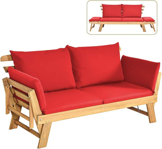 Tangkula Convertible Acacia Wood Patio Couch Sofa Bed with Adjustable Armrest, Outdoor Daybed with Cushion & Pillows, Outside Folding Futon Sofa Couch Bench for Porch, Courtyard, Poolside & Garden