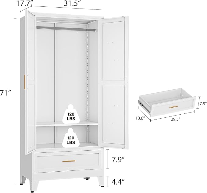 Metal Wardrobe Closet Cabinet with Drawers,71" H Large Bedroom Armoires with Shelves and Hanging Rod,Wardrobe Storage Cabinet with 2 Doors, 1 Adjustable Shelf and Drawers (1Drawer, White)
