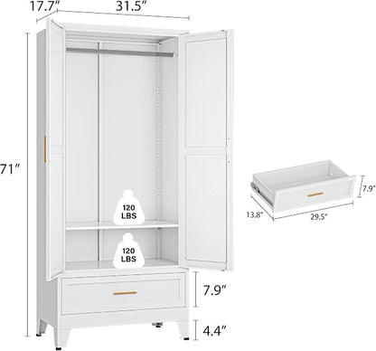 Metal Wardrobe Closet Cabinet with Drawers,71" H Large Bedroom Armoires with Shelves and Hanging Rod,Wardrobe Storage Cabinet with 2 Doors, 1 Adjustable Shelf and Drawers (1Drawer, White)