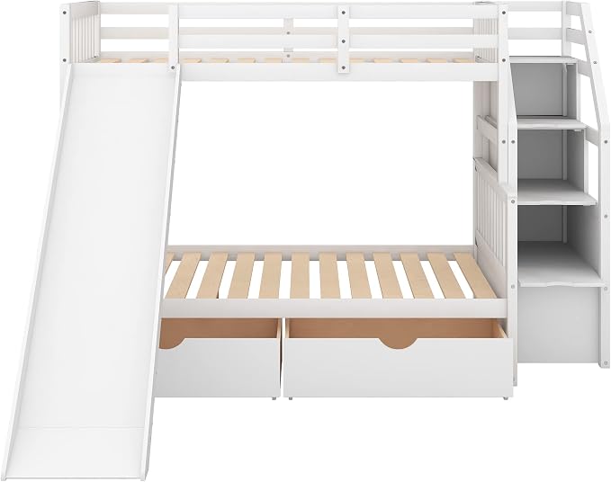 RUNNA Twin Over Full Bunk Bed with Slide,Storage Drawers,Play House, White | Twin over full bunk bed with slide,storage,ladder,play house design,solid wood frame,guardrails,no box spring needed,White