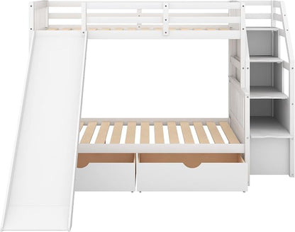 RUNNA Twin Over Full Bunk Bed with Slide,Storage Drawers,Play House, White | Twin over full bunk bed with slide,storage,ladder,play house design,solid wood frame,guardrails,no box spring needed,White