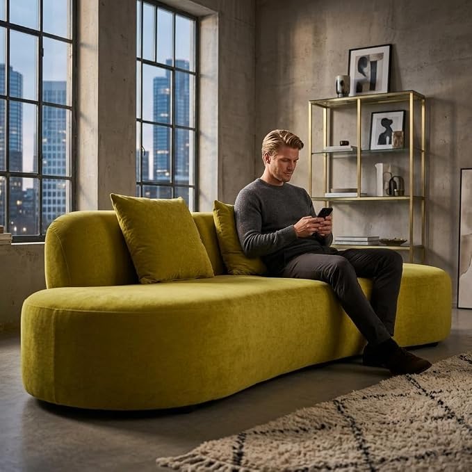 Container Furniture Direct 90" Curved Sofa with Throw Pillows, 4 Seater Luxury Velvet Couch with Half Moon Design and High-Density Foam, for Modern Living Room, Office & Apartment, Olive Green