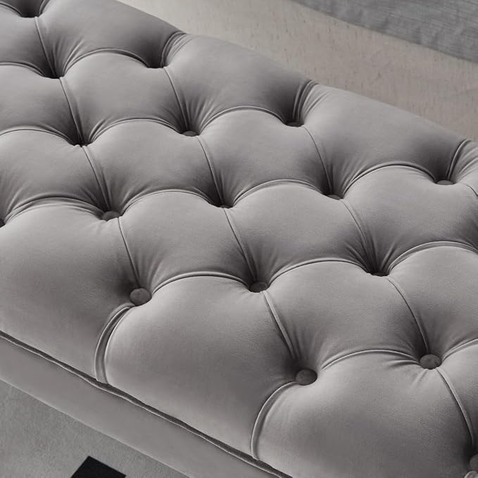 24KF Velvet Upholstered Buttons Tufted Entryway Bench with Solid Wood Leg,Bed Bench Ottoman with Padded Seat,5061N-Gray