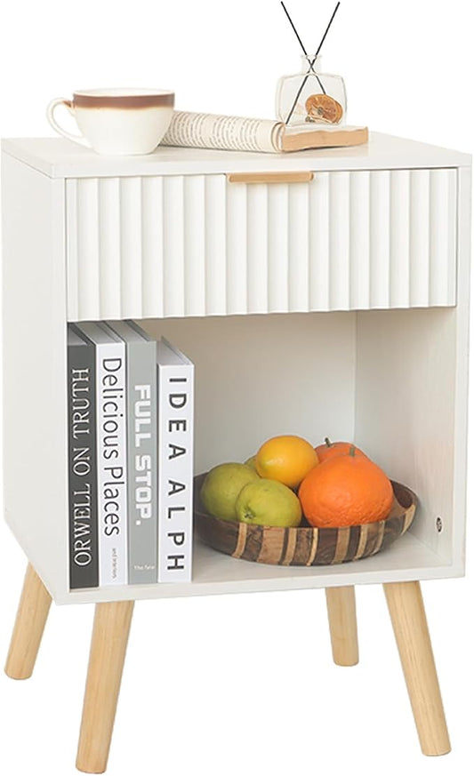 Fultyle White Nightstand, Modern Bedside Table with Drawer and Open Storage, Fluted End Side Table Living Room with Solid Wood Legs for Bedroom (White)