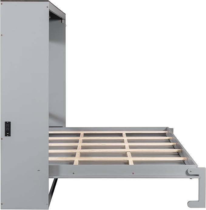Virubi Queen Horizontal Murphy Bed with USB Charging Station,Wood Farmhouse Murphy Wall Bed Cabinet with Slats,Foldable Space-Saving for Guest Room, Home Office (Gray,Queen)